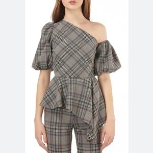 AMUR Maureen Plaid Blouse w/ Peplum Asymmetric Sleeve Recycled Poly Blend Sz L